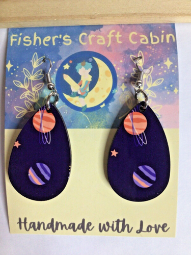 Outer Space Teardrop Earrings Double Sided Dangle Handmade NEW Space Theme - Picture 2 of 3