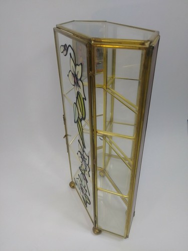 Vintage 10" Brass Glass Floral Table Top Display Curio Cabinet Shelf Case Mirror - Picture 4 of 12