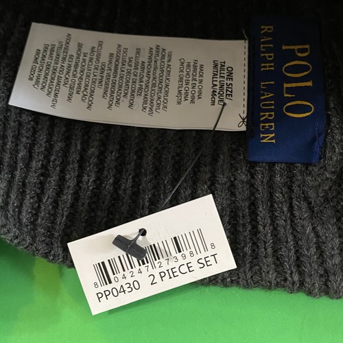 NUEVO Conjunto de sombrero y bufanda de punto Polo Ralph Lauren gris y azul marino bordado pony - Imagen 4 de 6