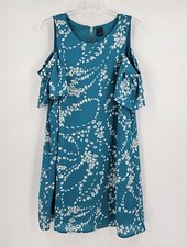 City Streets Womens 14 Cold Shoulder Blue White Floral Lined Dress Ruffle Sleeve