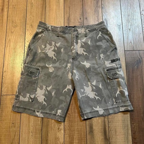 Y2K 2000er Harley Davidson grau Baggy Camo Cargo Shorts Gr. 34