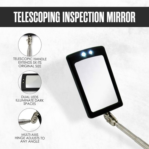 Houseables Inspection Mirror Telescoping with LED Light, 34" Extension, 360° Rot - Picture 3 of 7