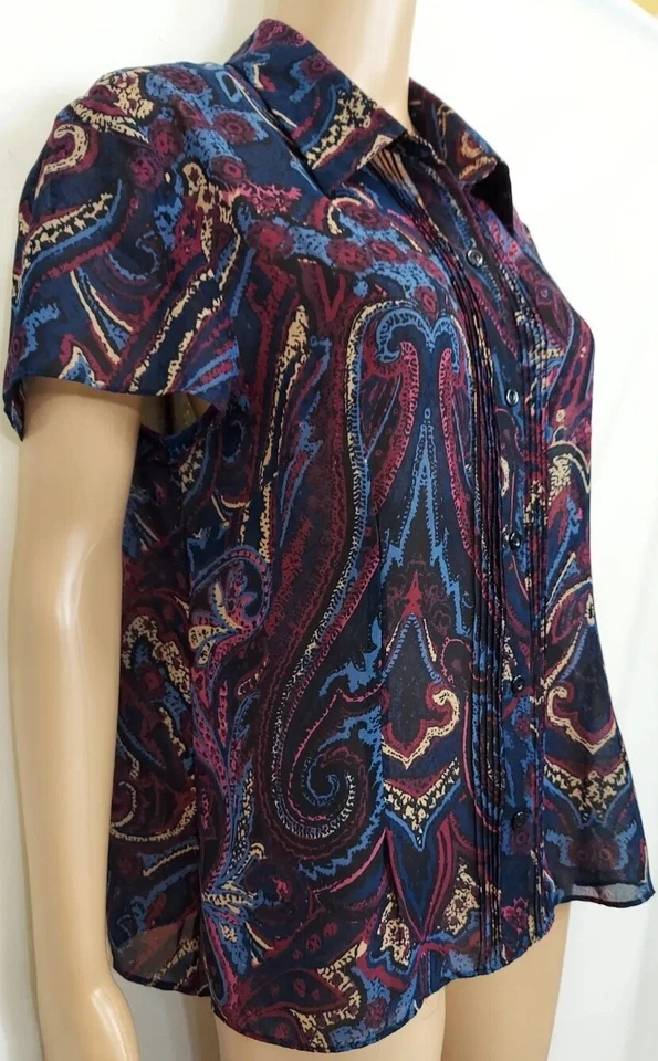 Blusa RENA ROWAN Talla 14 Azul, Borgoña Estampado Paisley Manga Corta Top Camisa Foto 3 de 4