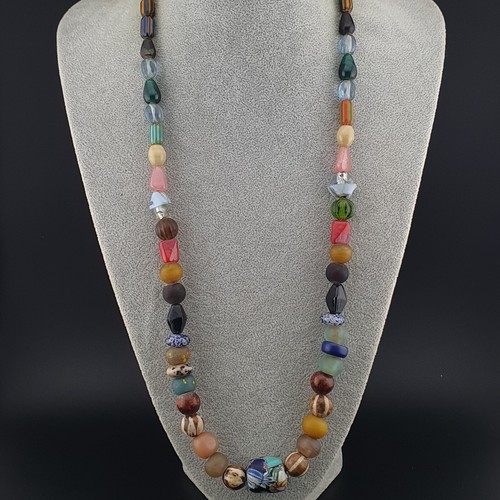 Asian African Mix Glass & Pumtek Pyu Wood Stone Beads Necklace - Picture 8 of 16