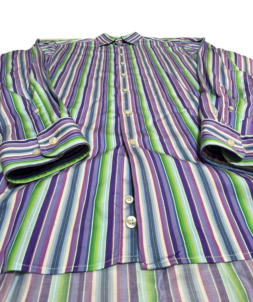 Etro Men's Luxury Cotton Dress Shirt Purple Green Blue Stripe • Italy • Size 42 - Image 4 of 4