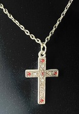 Silver Tone Cross Red Clear Rhinestones Necklace 20 Chain 1.25 Cross