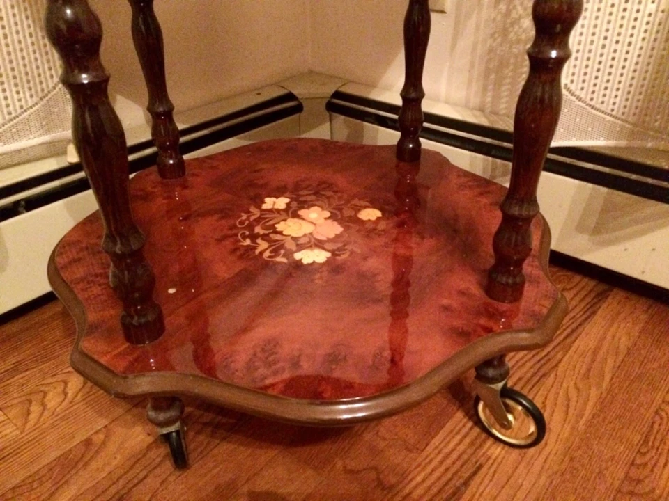 复古意大利红木镶嵌吧茶点车 2 层 8 侧手推车 — 第 3/4 张图片