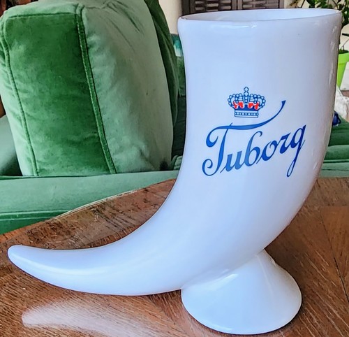 Vintage Danish TUBORG Beer Logo VIKING DRINKING HORN White Ceramic Barware Stein - Picture 1 of 4