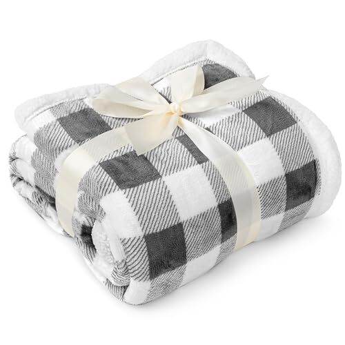 Light Grey Buffalo Plaid Sherpa Throw 50 x 60 Inches Checker Light Gray - Bild 3 von 7