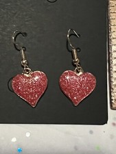 Pink Enamel Glitter Gold Toned Heart Hook Earrings 1x.8 Valentines Day