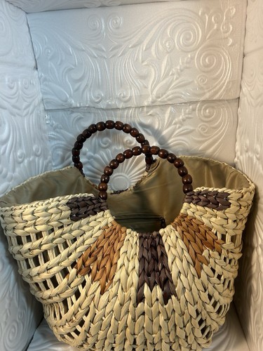 LUCKY BRAND BARIA MAIZ STRAW WOODED BEAD TOTE BEACH BAG PURSE TOTE SHOPPER - Picture 11 of 16