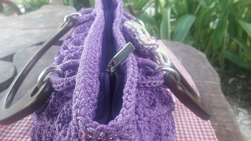  Knitted Bags Crochet Women Wood Brown Ziper  Purple Flower Gift  Thai Handmade - Bild 2 von 11