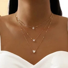 Conjunto Collar Colgante en Capas  Estrella de Corazón de Circonita Cristal Dama