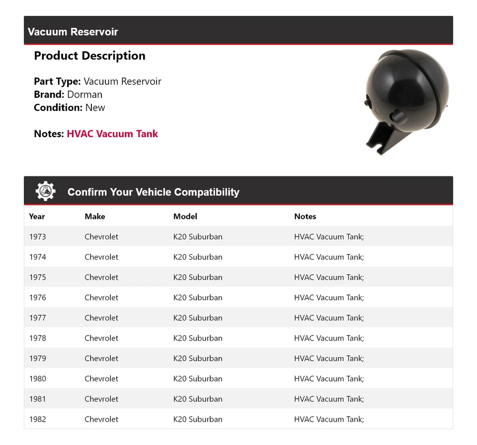 Depósito de vacío para Chevrolet K20 Suburban Dorman 1973-1982 1974 1975 1976 1977 Foto 2 de 4