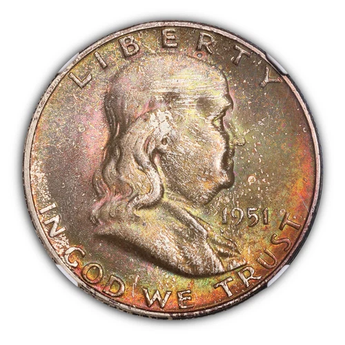 1951-S 50C Franklin Half Dollar NGC MS66+ FBL Full Bell Lines ~ Stunning Toning!