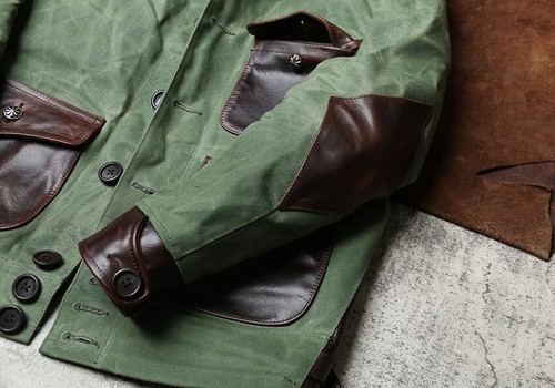 Canvas Patchwork Oil-Tanned Cowhide Leather Jacket with Vintage Workwear Style - Picture 17 of 25