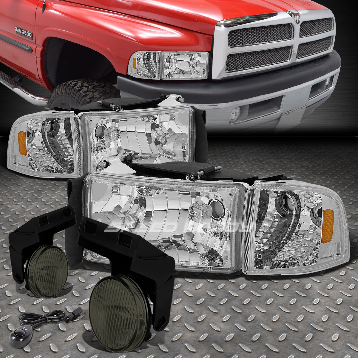 ХРОМИРОВАННАЯ ФАРА + ЖЕЛТЫЙ УГЛОВОЙ СИГНАЛ + ДЫМЧАТАЯ ПРОТИВОТУМАННАЯ ФАРА + ВЫКЛЮЧАТЕЛЬ ДЛЯ 94-02 DODGE RAM