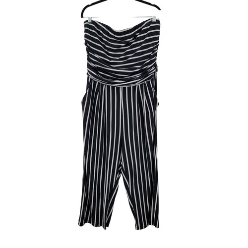 Womens Plus Sz 2x Black White Striped Strapless Jumpsuit Stretchy Pockets - Picture 10 of 11
