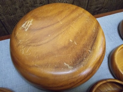 Vintage Hawaiian Monkey Pod Wood Salad Bowl Set Blair Hawaii 9 Piece - Picture 10 of 16