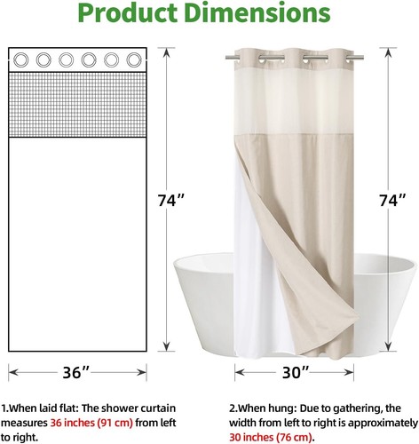 Water-Resistant Linen Blend Shower Curtain with No Hooks & Grommet Top Style - Picture 4 of 8