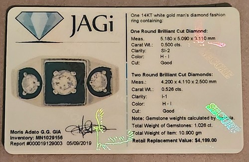 Mens 14k White Gold Diamond RING 1.026ct/10.9gm CERTIFIED Three Stone Vintage - Picture 10 of 13