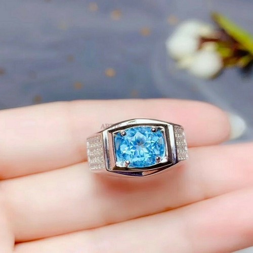 Natural Blue Topaz Gemstone with 14K White Gold Plated Silver Ring for Men AJ556 - Picture 2 of 13