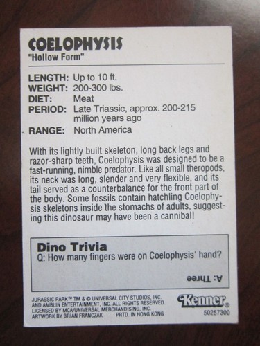 COELOPHYSIS # 4 JURASSIC PARK SERIES 1 LIM ED MOVIE COLLECTOR CARD KENNER NM- - Picture 2 of 3