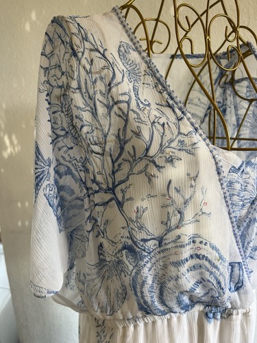 Soft Surroundings White Maxi Dress Blue Seashell Pattern Ladies Size Medium - Bild 3 von 24