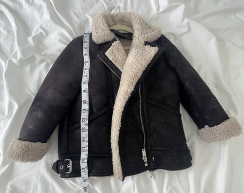 Zara Kids Faux Suede Aviator Jacket Girls 6 Faux Fur Lined Black Outerwear - Picture 3 of 4