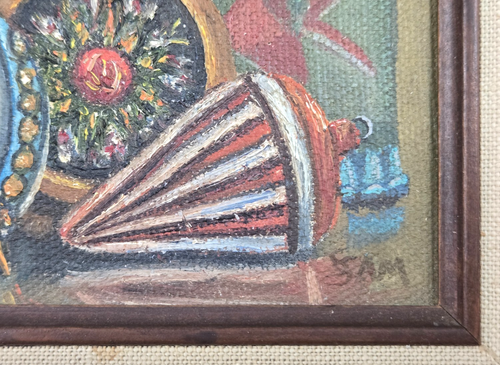 Bodegón pintura al óleo sobre lienzo firmada SAM FAM? Adornos Árbol Navidad 5x7 - Imagen 5 de 10