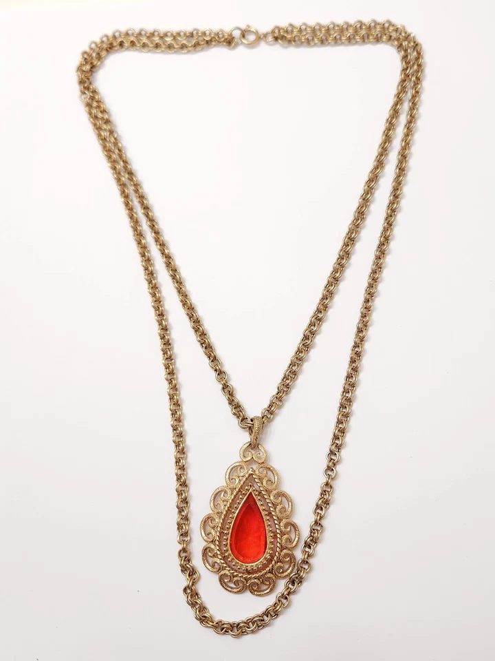 Collar de cadena Rolo de oro colgante solitario lágrima naranja Avon Granada Foto 3 de 4