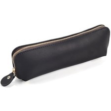Leather Pencil Pouch Genuine Leather Pen and Pencil Case Large Capacity Black