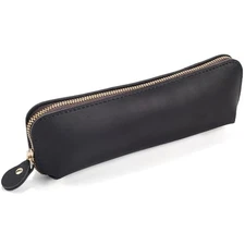  Leather Pencil Pouch Genuine Leather Pen and Pencil Case Large Capacity Black