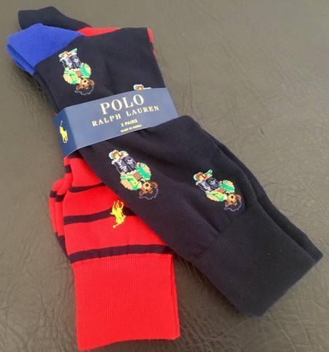 POLO RALPH LAUREN SOCKS POLO BEAR 2-PACK NAVY BLUE & RED STRIPE BNWT - Picture 2 of 4