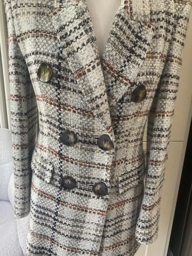 ZARA GREY BLUE WHITE CHECK BLAZER JACKET SIZE XS SMALL 8 DOUBLE BREASTED FITTED - Picture 4 of 20