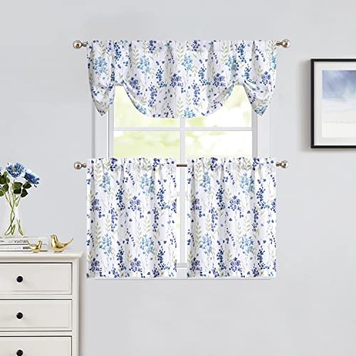 Floral Print Tier Kitchen Curtains 24 Inches Long, 28"W x 24"L (Pack of 2) Blue - Picture 6 of 6