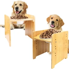 FOREYY Set of 2 Raised Pet Bowls for Cats and Small Dogs - Bamboo Tilted Sing...