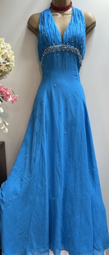 VTG 70s Chiffon Beaded Sequined Blue Maxi Dress Halter Neck Built In Bra UK 14 - Picture 2 of 17