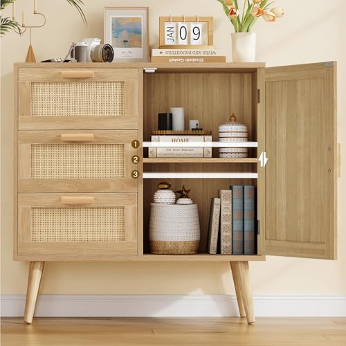 Storage Cabinet with Adjustable Shelf, Rattan Cabinet with 3 Drawers, Entryway - Picture 5 of 8