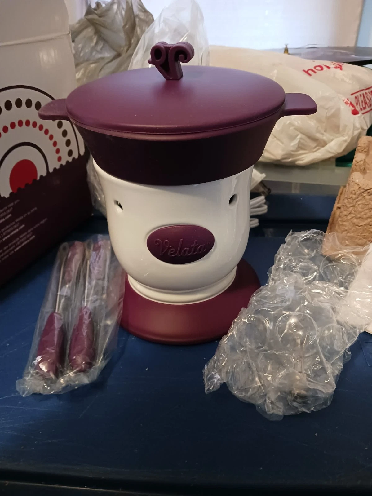Velata Fondue Fun Huckleberry Pedestool and Matching Lid New In Box