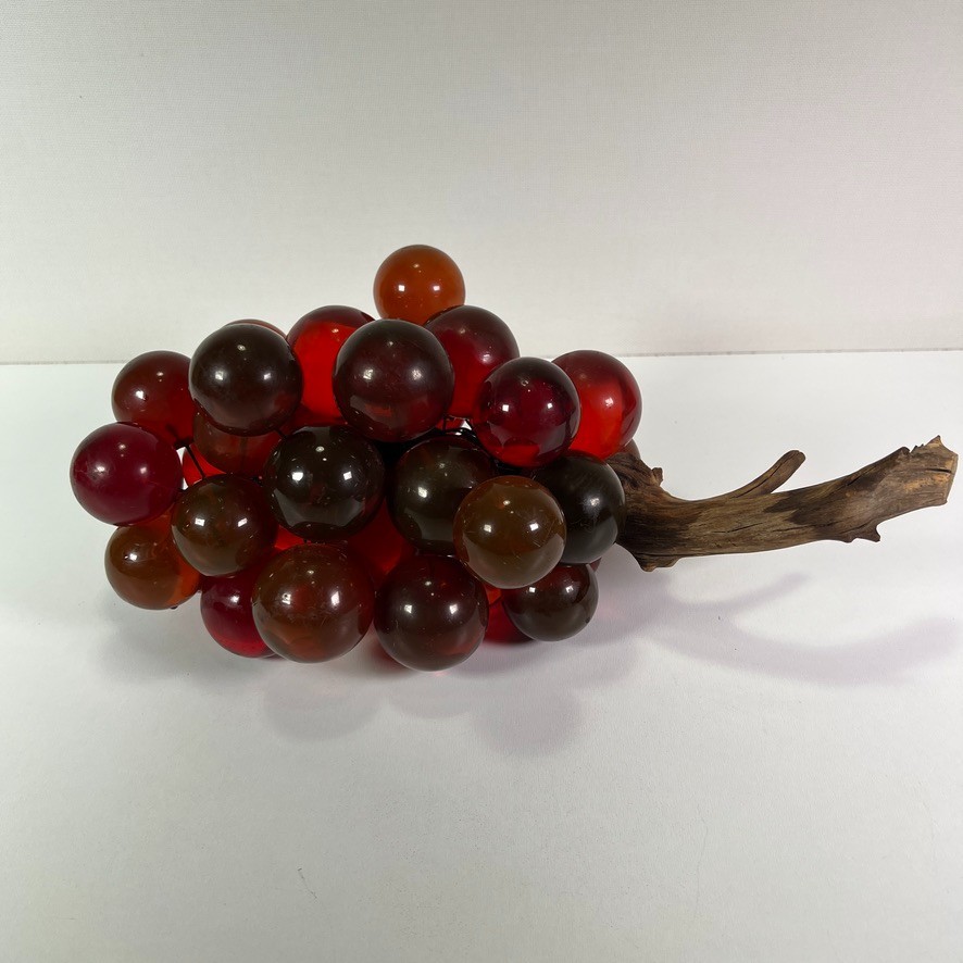 Vintage Mid Century Cluster of Red Acrylic Lucite Grapes Drift Wood Decorative