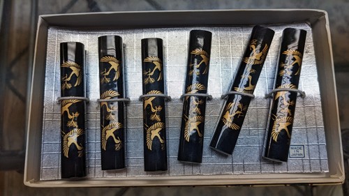 Vintage Set of 6 Black Enamel Japanese Chopstick Rests in Original Box!