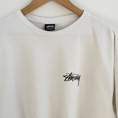 Stüssy White Logo Tee Flame Back Graphic Streetwear T-Shirt Size