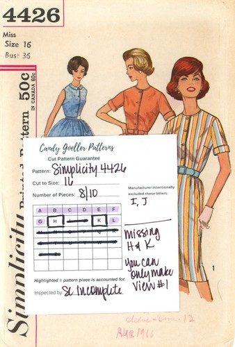 Simplicity 4426 Button Front Slim Dress w Cuffed Sleeves Sz 16 INCOMPLETE READ - Picture 2 of 5