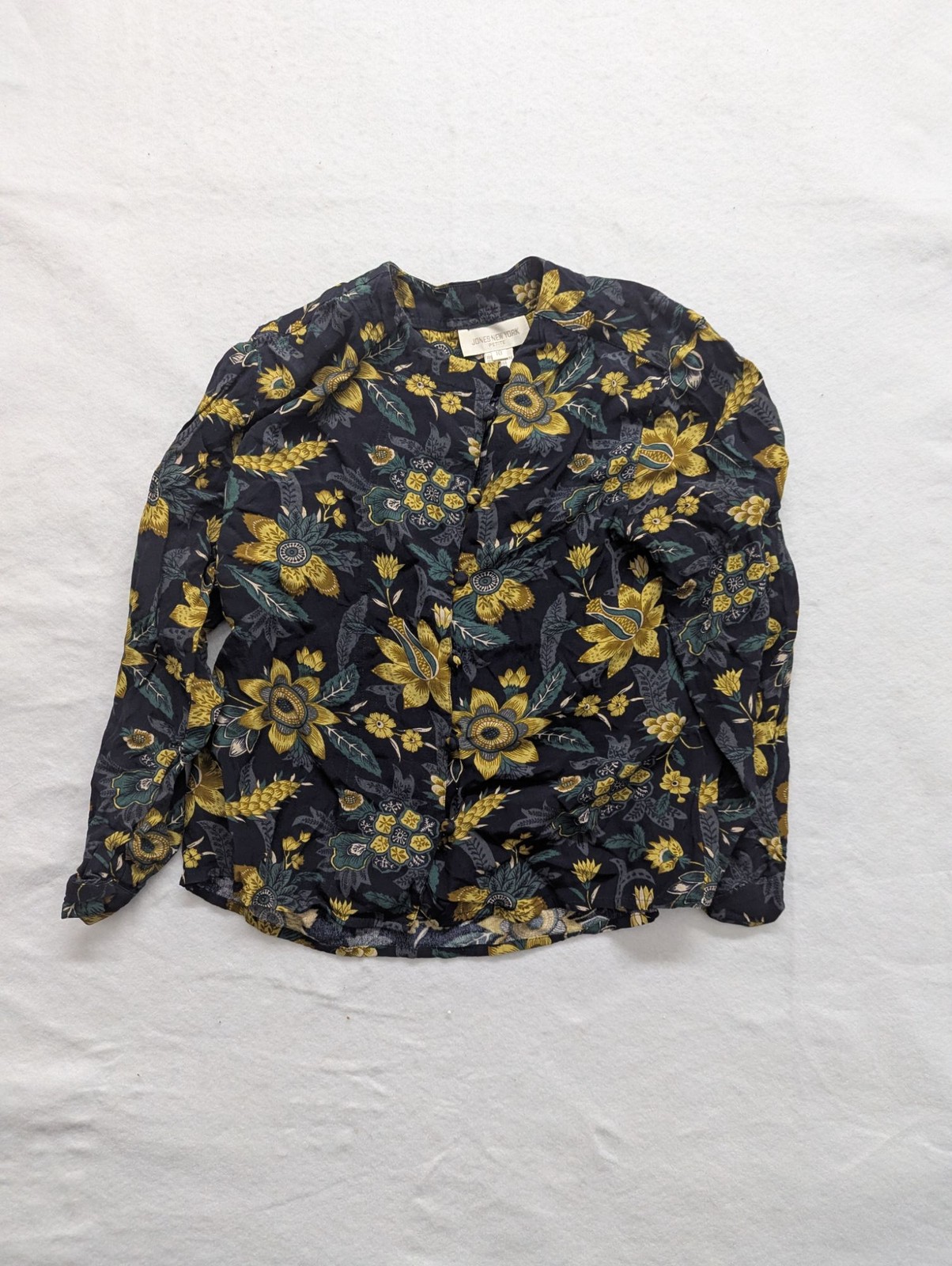 Jones New York Petite Floral Button-Down Blouse Size 10 Black/Yellow Long Sleeve