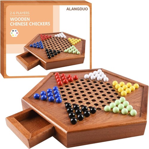 Wooden Chinese Checkers with Drawers 12 Bonus Spare Marbles| Natural Wooden B...