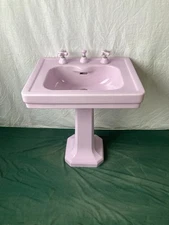 Antique 27x22 Ceramic Lavender Lilac Bathroom Pedestal Sink Standard Vtg 457-25E