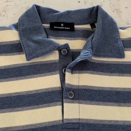 Ermenegildo Zegna Shirt Men Large Blue Stripe Collar Cotton Pullover - Picture 3 of 11