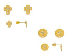 Disc Stud Earrings Real 14K Yellow Solid Gold Small CZ Cross Ear Studs Women