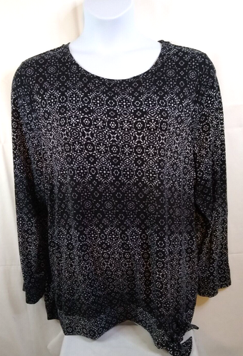 CROFT & BARROW Women's 2X Scoop Neck Long Sleeve Black/White Top Stretch - Picture 2 of 6